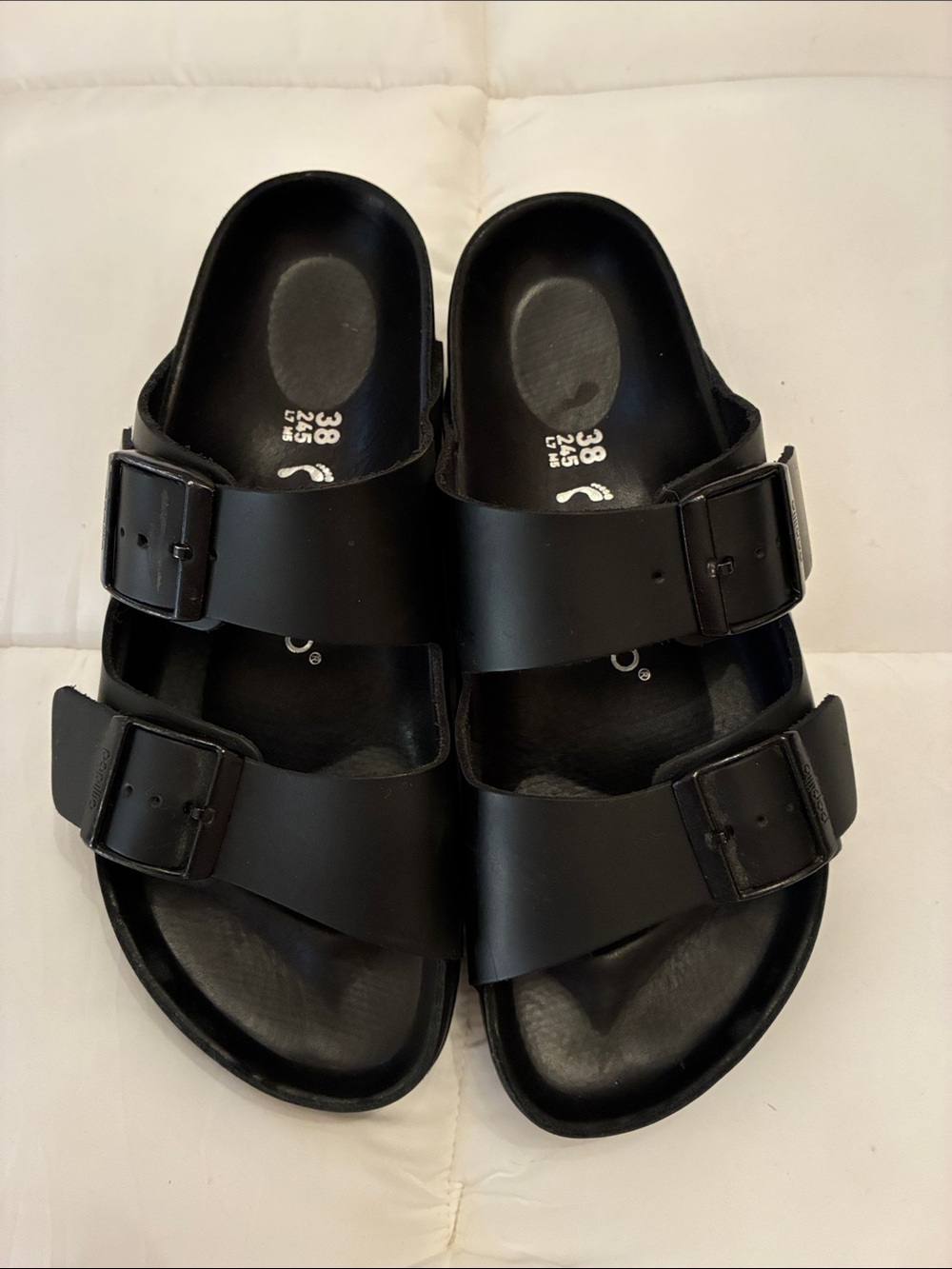 Birkenstock Black Leather Platform Two-Buckle Slide Sandals